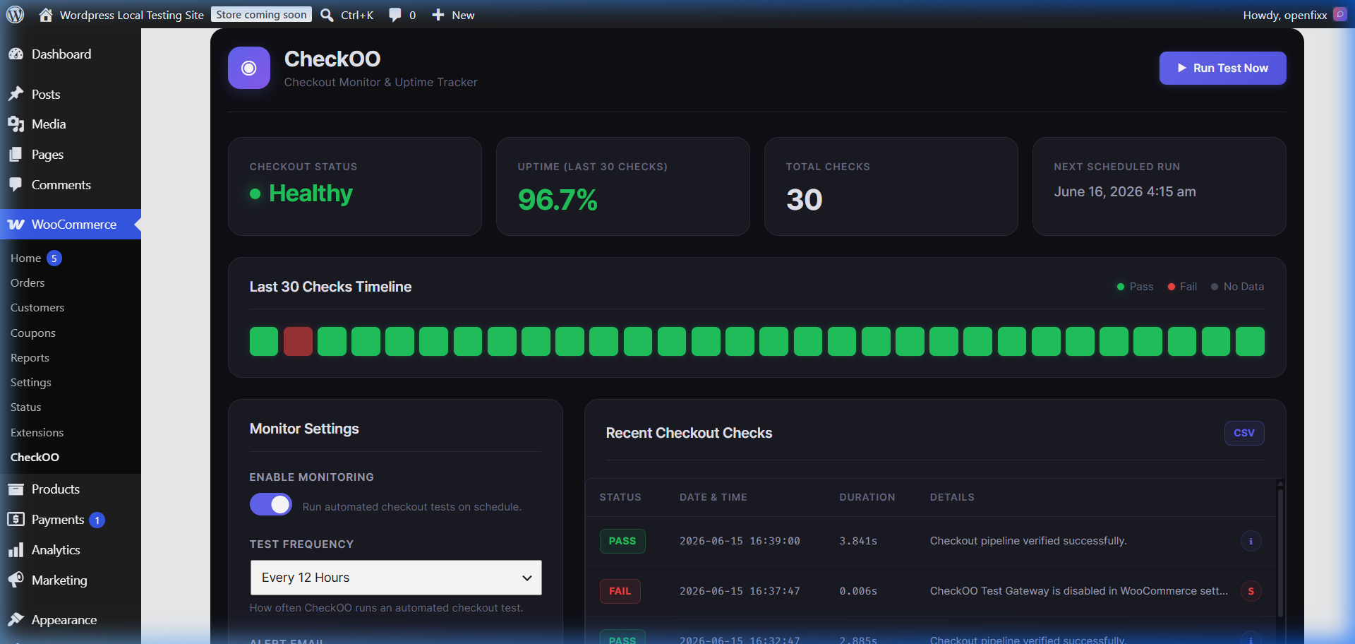 CheckOO WooCommerce Checkout Monitor Dashboard showing healthy status, uptime timeline, and recent checkout checks